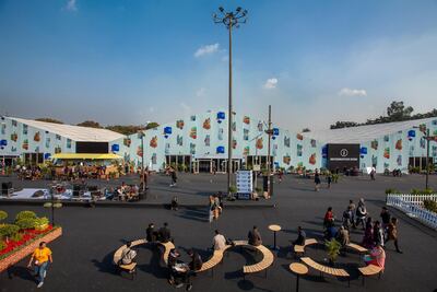 On the grounds of India Art Fair, where Sameer Kulavoor's work has been used as the facade design. Courtesy India Art Fair 2020