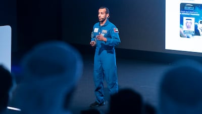 Hazza Al Mansouri, the first Emirati in space, delivers a talk at Dubai's Museum of the Future. All photos: Antonie Robertson / The National