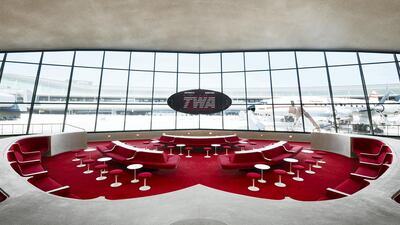 The Sunken Lounge previously hosted The Beatles and now has a view of the Lockheed Constellation, which doubles as a bar. Courtesy TWA Hotel / David Mitchell