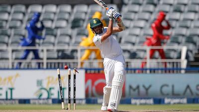 Keshav Maharaj is bowled by India's Jasprit Bumrah. AFP