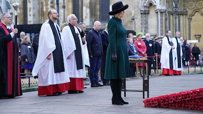 Camilla, The Duchess of Cornwall, observes a two-minute silence during a visit to the 93rd Field of Remembrance at Westminster Abbey in London. PA