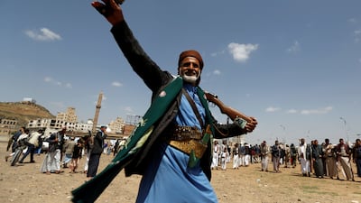 A follower of the Shiite Houthi movement performs the traditional Baraa dance during a ceremony marking Sanaa, where the Houthis are calling for an emergency state. Khaled Abdullah / Reuters