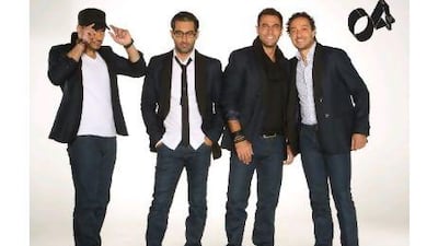 The cast of O4, from left, Mohammed Al Dosari (Abdul Aziz), Khalid Najim (Wisam), Nicholas Mouwad (Ziad) and Momin Noor (Hassan). Courtesy MBC