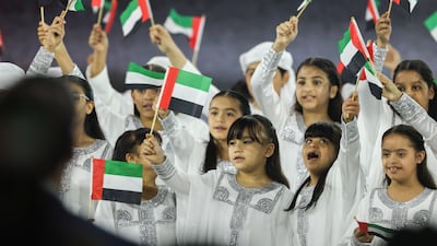 Children at the opening ceremony of Abu Dhabi Sustainability Week, which was attended by President Sheikh Mohammed. The keynote speech was delivered by Dr Sultan Al Jaber, Minister of Industry and Advanced Technology, chairman of Masdar, and managing director and group chief executive of Adnoc. Victor Besa / The National