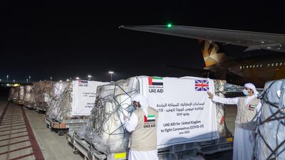 The UAE delivered 18 tonnes of food and medical aid to United Kingdom as part of its ongoing campaign to support global efforts to combat Covid-19. Courtesy: Wam
