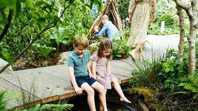 Prince George and Princess Charlotte sitting on a bridge above the garden's stream. Matt Porteous / Kensington Palace via AP