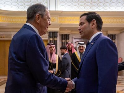 US Secretary of State Marco Rubio (R) shakes hands with Russian Foreign Minister Sergei Lavrov during their meeting in Riyadh, Saudi Arabia, on February 18. SPA / AFP