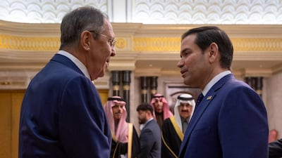 US Secretary of State Marco Rubio, right, shakes hands with Russian Foreign Minister Sergey Lavrov during their meeting at Diriyah Palace, in Riyadh, Saudi Arabia. SPA / AFP
