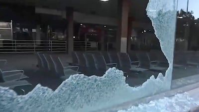 Shattered glass at Sanaa airport after the Israeli strikes