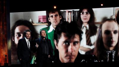 John Taylor, left, and Simon Le Bon of Duran Duran speak onstage. REUTERS