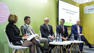 Saudi Arabia's Tourism Investment Plan for the future panel (L-R) Gemma Greenwood, Majed AlGhanim, Jerry Inzerillo, John Pagano, Mark Willis. Rob Greig for The National