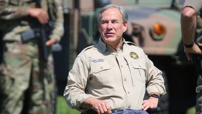 Texas Governor Greg Abbott, joined by 10 other governors, arrives at a press conference at Anzalduas Park, Texas. AP