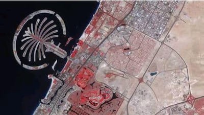 Nasa says the images are false colour, meaning bare ground appears brown and vegetation shows up as red, water is dark blue and buildings and paved surfaces are light blue or grey. Courtesy Nasa