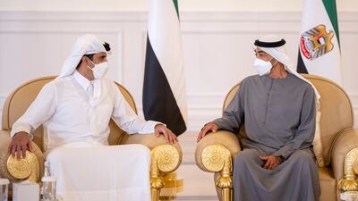 Sheikh Tamim bin Hamad Al Thani Emir of Qatar, with Sheikh Mohamed bin Zayed. Abdulla Al Junaibi for the Ministry of Presidential Affairs