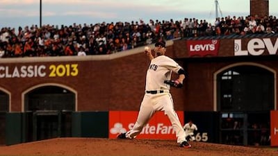 San Francisco's Ryan Vogelsong pitches against St Louis in game six of their championship series