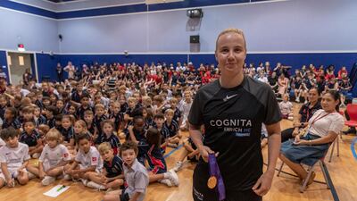 England footballer Beth Mead met pupils at Arabian Ranches Primary School last week. Antonie Robertson/The National