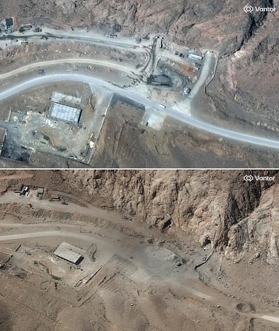 Tunnel entrances at Isfahan missile complex in central Iran on February 27, 2026 (top), and on March 8 following an air strike. AFP