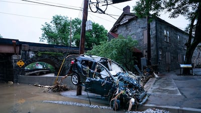 Damage on Main Street after a flash flood rushed through the historic town of Ellicott City, Maryland, USA, 27 May 2018. The National Weather Service stated as much as 9.5 inches of rain fell in the area. Jim Lo Scalzo / EPA