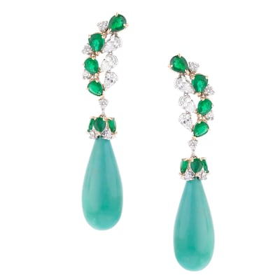 Turquoise Chute earrings with emeralds and diamonds. Photo: George Hakim