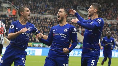 Eden Hazard, centre, Cesar Azpilicueta, left, and Jorginho are all integral parts of Maurizio Sarri's Chelsea side. AP Photo