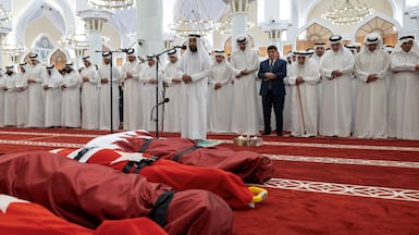 Sheikh Tamim, Emir of Qatar, attends funeral prayers for the military officials killed in a helicopter crash in Qatar's territorial waters according to the interior ministry, in Doha, Qatar. Reuters