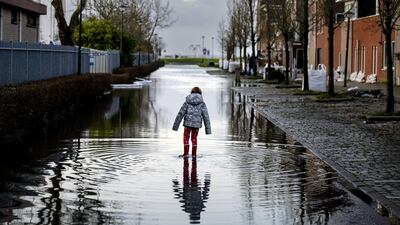 A child stands in a flooded street in Hoorn after storm Henk also struck the Netherlands. EPA