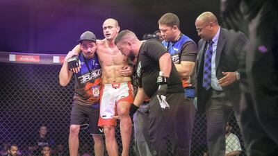 Brave Combat Federation 27 at the Mubadala Arena. Middleweight: Christofer Silva (BRA) limps after his loss from Mohammad Fakhreddine (LEB). Victor Besa / The National