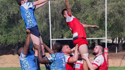 RAK Rugby and Dubai Sharks contest a line-out at their new home at Al Hambra Golf Club. All photos by Ruel Pableo for The National