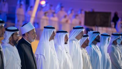 Sheikh Hamad bin Mohammed Al Sharqi, Ruler of Fujairah; Sheikh Tahnoon bin Mohamed, Ruler's Representative in Al Ain Region; Sheikh Hamdan bin Zayed, Ruler’s Representative in Al Dhafra Region; Sheikh Nahyan bin Zayed, Chairman of the Board of Trustees of Zayed bin Sultan Al Nahyan Charitable and Humanitarian Foundation; Sheikh Suroor bin Mohamed; Dr Ahmed Al Tayeb, Grand Imam of Al Azhar Mosque; and Saqr Ghobash, Chairman of the Federal National Council. Photo: Mohamed Al Hammadi / Ministry of Presidential Affairs