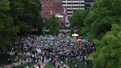 Activists and students take part in an encampment protest at George Washington University, in Washington. AFP