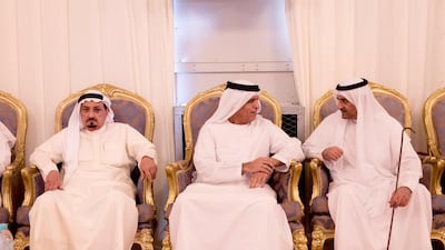 Sheikh Humaid bin Rashid Al Nuaimi, Ruler of Ajman, Sheikh Hamad bin Mohammed Al Sharqi, Ruler of Fujairah and Sheikh Saud bin Saqr Al Qasimi, Ruler of Ras Al Khaimah, offer condolences to Sheikh Jamal bin Saqr bin Sultan Al Qasimi on the death of his mother.Wam
