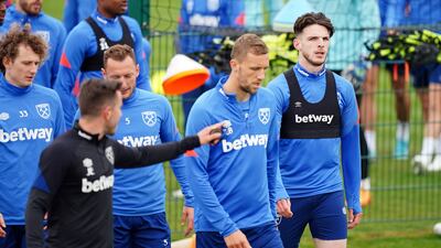 West Ham's Tomas Soucek and Declan Rice. PA