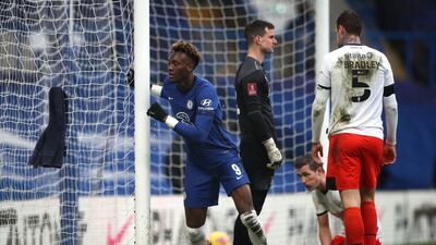 Chelsea's Tammy Abraham after completing his hat-trick at Stamford Bridge. PA