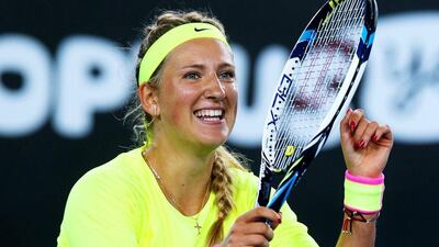 Victoria Azarenka celebrates after winning her second round match against Caroline Wozniacki at the Australian Open on Thursday. David Crosling / EPA / January 22, 2015