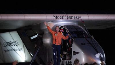 Swiss pilot Bertrand Piccard waves from Solar Impulse 2 before taking off at the Mandalay International Airport in Myanmar. Ye Aung Thu / AFP Photo