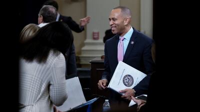 Hakeem Jeffries speaks with other members of Congress inside the room where the House Democratic leadership elections take place on Capitol Hill in Washington. Reuters