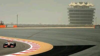 McLaren Mercedes' British driver Lewis Hamilton drives on the third practice session at the Bahrain international.