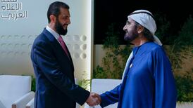 Sheikh Mohammed bin Rashid, Prime Minister and Ruler of Dubai meets Syrian President Ahmed Al Shara during his visit to Dubai for the Arab Media Summit. Photo: Dubai Media Office / X