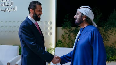 Sheikh Mohammed bin Rashid, Prime Minister and Ruler of Dubai meets Syrian President Ahmed Al Shara in Dubai. Photo: Dubai Media Office / X