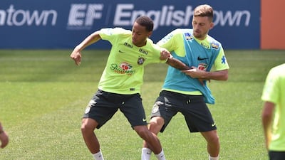 Neymar, left, and Lucas Lima take part in a training session. Nelson Almeida / AFP