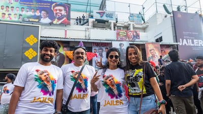 Fans cheer as they arrive to watch the screening of Jailer in Chennai. AP