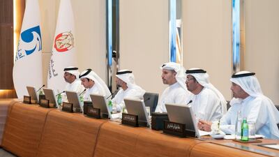 Suhail Faris Ghanem Al Mazrouei, Abdulla Nasser Al Suwaidi, Chairman of the Board of Management (FANR), Khaldoon Khalifa Al Mubarak, CEO and Managing Director Mubadala, Chairman of the Abu Dhabi Executive Affairs Authority and Abu Dhabi Executive Council Member, Suhail bin Mohamed Faraj Faris Al Mazrouei, UAE Minister of Energy, Hamad Mubarak Al Shamsi, Secretary General of the Supreme Petroleum Council and Sheikh Hamed bin Zayed, Abu Dhabi Executive Council Member, attend a Supreme Petroleum Council meeting at the Abu Dhabi National Oil Company (ADNOC) Headquarters. Mohamed Al Hammadi / Ministry of Presidential Affairs