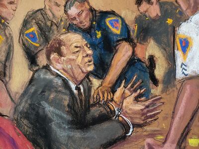 Film producer Harvey Weinstein is handcuffed after his guilty verdict in his sexual assault trial in in New York in this courtroom sketch. Reuters