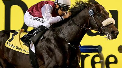 Saeed Al Mazrooei rides Le Bernadin to the win in the Race 5, the Dubai Duty Free Tennis Championships, at the Meydan Racecourse in Dubai . Satish Kumar / The National