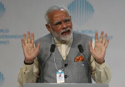 Indian Prime Minister Narendra Modi gives a speech at the World Government Summit in Dubai. Kamran Jebreili / AP Photo