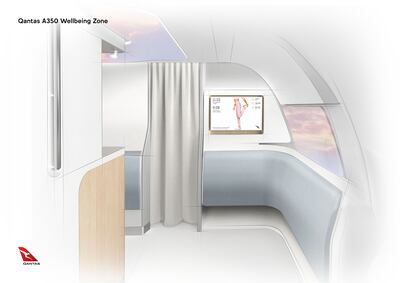 A Wellbeing Zone in front of the economy cabin is designed as a place for passengers to stretch, move and hydrate. Photo: Qantas