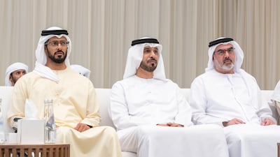 Left to right: Sheikh Zayed bin Hamdan bin Zayed, Sheikh Khalifa bin Mohammed bin Khaled, UAE ambassador to Jordan, and Sheikh Mohamed bin Khalifa, Abu Dhabi Executive Council Member, receive mourners