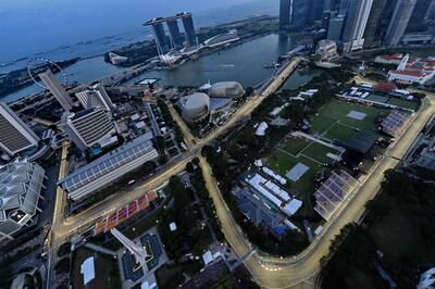 A general view taken from Swissotel the Stamford shows the illuminated circuit for the upcoming Singapore Grand Prix night race on Sunday. Roslan Rahman / AFP