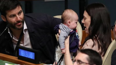 Jacinda Ardern holds her baby Neve after speaking at the Nelson Mandela Peace Summit during the 73rd United Nations General Assembly in New York. Reuters/Carlo Allegri