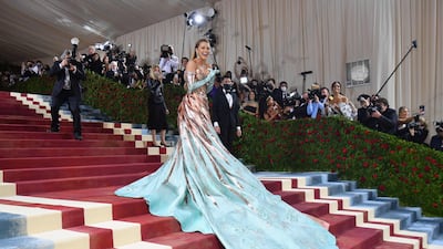Blake Lively in a colour-changing gown by Atelier Versace gown for the 2022 Met Gala. Getty Images
